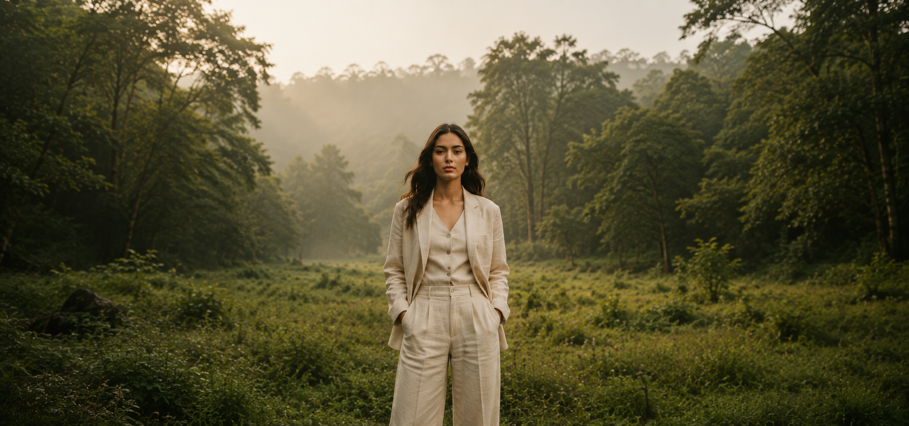 Model in linen tailoring standing in a forest clearing at dawn